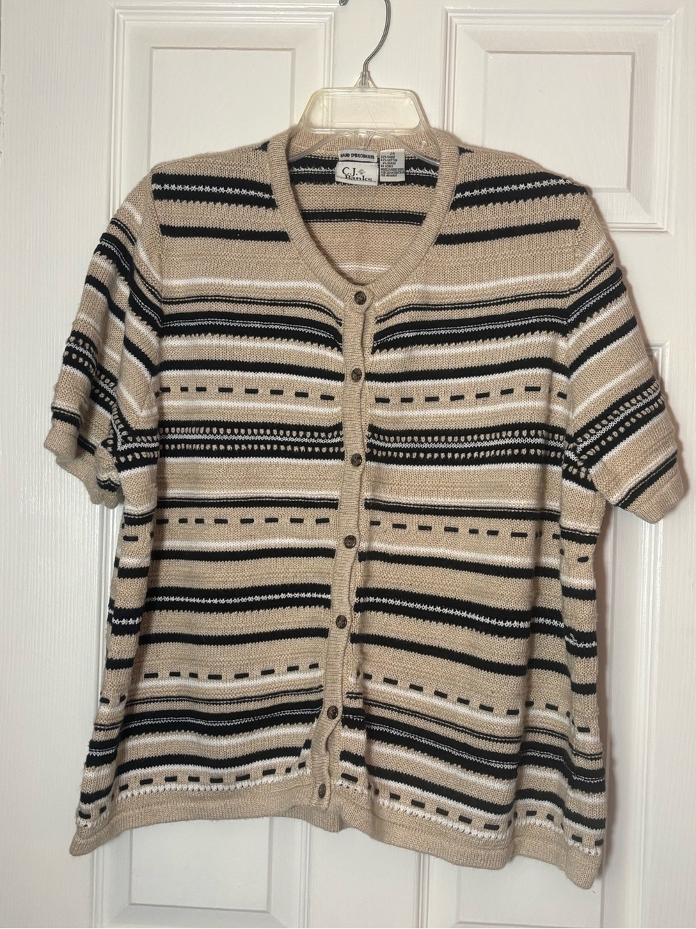 Christopher & Banks Beige, Black & White Striped Short-Sleeve Cardigan